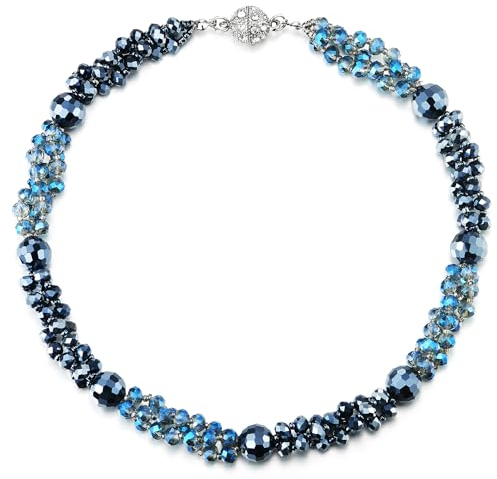 Azul Cuentas Cristal Cluster Statement Collar Trenzado Cadena Gargantilla Choker Collar, Cierre Magnético