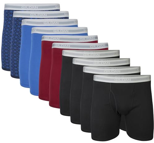 Gildan Herren Underwear Boxer Briefs, Multipack Retroshorts, Schwarz/Granat/Königsblau/Diamant (10er-Pack, Klassische Länge), X-Large