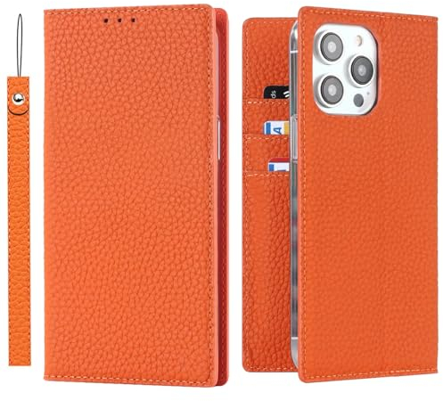 ELTEKER iPhone 14 Pro Mobile Phone Case [Genuine Leather] Flip Case with Card Slot, Protective Leather Case for iPhone 14 Pro Orange