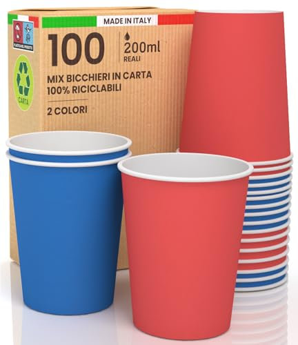 100 Bicchieri in Carta 200ml Mix Party Ecologici Biodegradabili Monouso Made in Italy Asporto Bevande Calde Acqua - MIX di Colori Blu Rosso - Prodotto e Confezionato in Italia