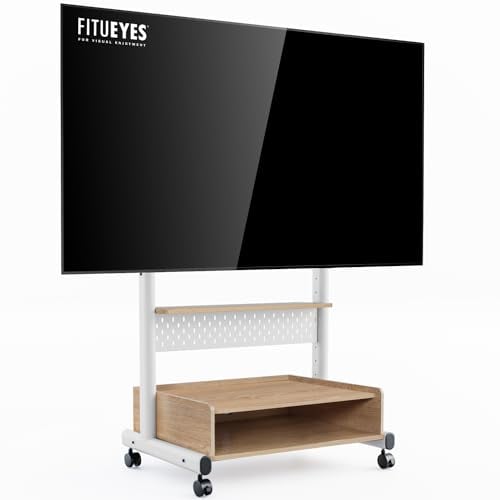 FITUEYES Soporte de TV Ruedas de Pantallas de 40 a 85 Pulgadas,Soporte TV con Ruedas con Mueble de Madera y Tablero Perforado,Altura Ajustable,Gestión de Cable,Soporte TV Móvil con MAX Carga 60kg