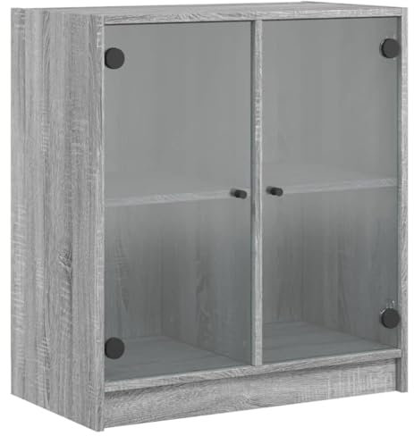 vidaXL Beistellschrank, Schrank Kommode mit Glastüren, Wohnzimmerschrank mit viel Stauraum, Sideboard Vitrine Flurschrank Mehrzweckschrank, Grau Sonoma