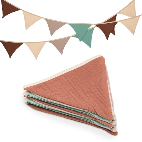 jijAcraft Wimpelkette Kinderzimmer, Doppelseitig Stoff Wimpelkette aus Musselin Baumwolle, 2,8M Grau-Grün Stoffgirlande, Kinder Kinderzimmer Deko, für Hausbett, Babybett, Kinderbett, Wanddeko