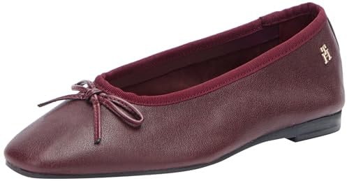 Tommy Hilfiger Women’s Soft Leather Ballet Pumps with Bow, Red (Burgundy Velvet), 7