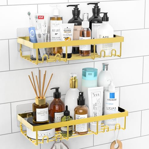 Shower Caddy Shelf Organiser 2 Pack, No Drill Gold Shower Shelves,Self Adhesive Bathroom Storage Accessories