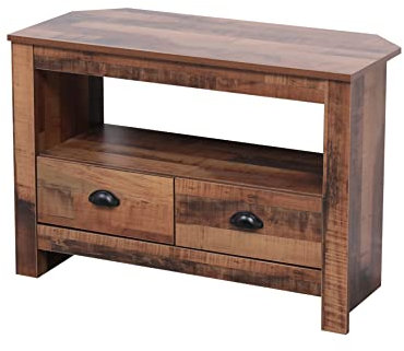Mueble esquinero de madera rústica para TV con 2 cajones y estante para sala de estar, 85 x 39 x 58 cm (ancho x profundidad x alto)
