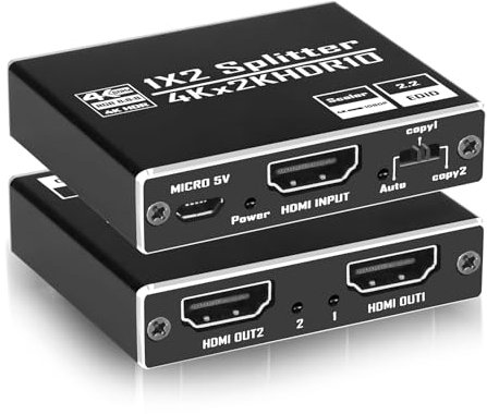 HDMI Splitter 1 in 2 Out 4K@60Hz HDCP2.3 HDR 18Gbps UHD Dol-by Atmos EDID Scaler 4K 1080P Aluminium HDMI 2.0 Verteiler 1X2 for PS5/4/3, Xbox, Roku, Blu-Ray-Player, Firestick, HDTV