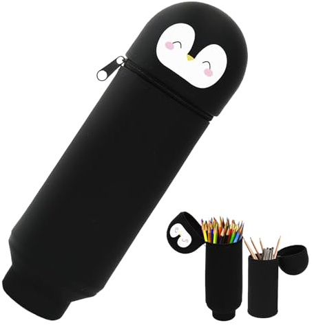 Trousse à Crayons en Silicone Motif Animal 2 en 1, Trousse et Pot à Crayons, Extensible, diamètre 6,5 cm, Hauteur 19,5 cm, pour école, Bureau, Voyage, Design Pingouin Mignon