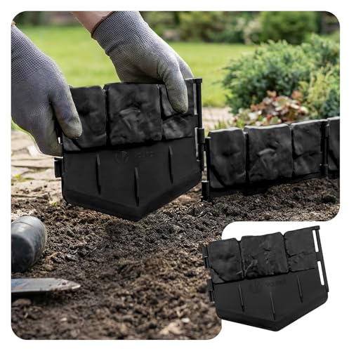 VOUNOT® Bordure de Jardin Imitation Pierre 21.4m Ultra Résistant sans Tranchées à Creuser Clôture Gazon Décorative Facile à Installer pour Allée Pelouse Parterre Lot de 140pcs Noir
