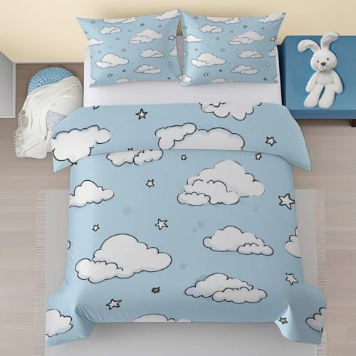 Generisch Cartoon Wolken Baby Bettwäsche Set 100x135 - Blau Weiß Muster Kinderbettwäsche 2 Teilig - Kinder Mikrofaser Bettbezug, 1 Kissenbezug 40x60 mit Reißverschluss U9iJ366