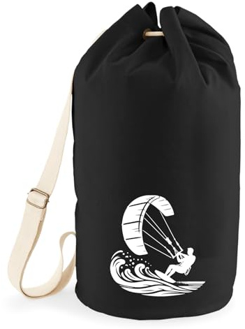 Huuraa Seesack Kitesurfen Silhouette Geschenk | Tasche 20 Liter Strandtasche Black Baumwolle Rucksack Geschenkidee Schwarze Sporttasche Duffle Bag mit Kordelzug Verschluss