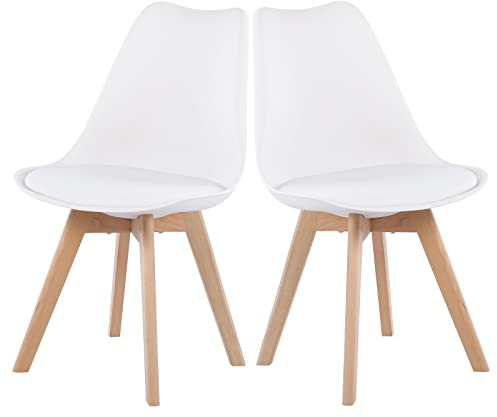 EGGREE 2er Set Esszimmerstühle mit Massivholz Buche Bein SGS Geprüfter, Retro Design Gepolsterter Stuhl Küchenstuhl Holz, Weiß