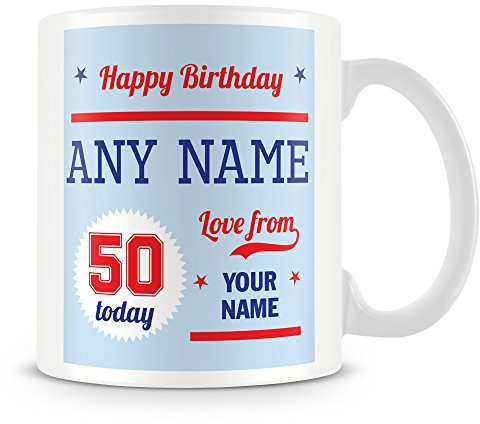 50th Birthday Gift - Personalised Mug/Cup - Add Name - Blue