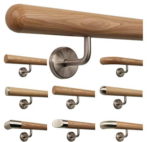 TIBU Esche Holz Handlauf Geländer 0,3m - 6m, Länge 150 cm, Ende Halbkugel gefräst und 3 gewinkelte Halter