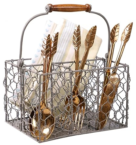 Dibor Grey Cutlery Caddy - Hand Woven Mesh Rack Basket Holder Four Section Organiser
