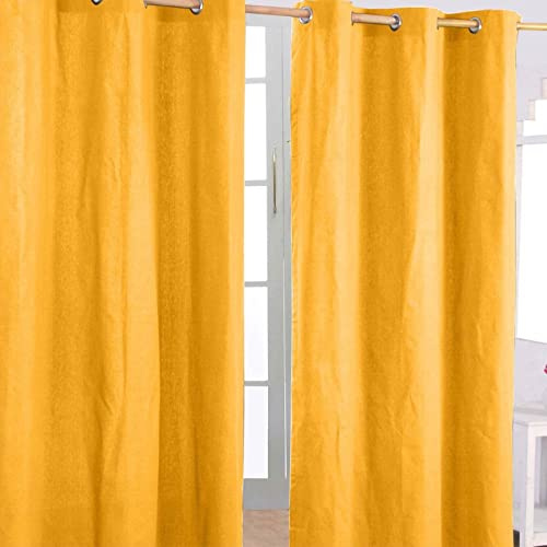 Homescapes 2er Set eifarbige Ösen Gardinen je B137 x L182 cm aus 100% Baumwolle, blickdichte Vorhänge/Dekoschals/Ösenvorhänge für Wohnzimmer oder Küche, senfgelb