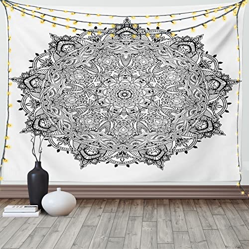 ABAKUHAUS Stoff Wandteppich, Mandala-Kunst Schwarz Weiß aus Weiches Mikrofaser Stoff Waschbar ohne Verblassen Digitaldruck, 150 x 110 cm, Schwarz und Weiß