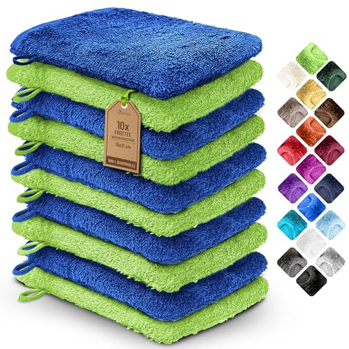NatureMark 10x Waschhandschuhe aus Frottee 100% Baumwolle – Weich und Robust, Ideal für die tägliche Pflege und Gäste – Royal/Apfelgrün, 15x21 cm