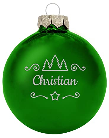 Deitert Weihnachtskugel mit Namen oder Wunschtext graviert, Ø 8cm, personalisierte Christbaumkugel aus Glas (glänzend), individueller Weihnachtsbaumschmuck mit Gravur, Tannen-Motiv, Grün