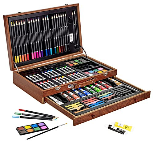 The Magic Toy Shop 112 PCS Childrens/Kids Wooden Case Art Set Paint Pencil Crayons Pastels Artist Creative Gift Colouring Drawing Painting Kit