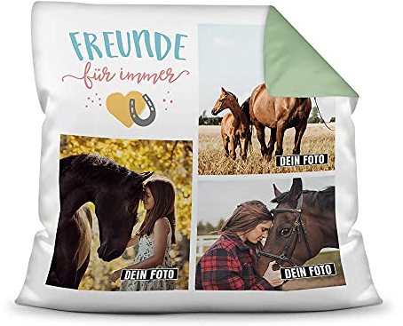 PfotenSchild Pferde Kissen mit Füllung - Fotocollage - Pferdefreunde für Immer - mit DREI Fotos selbst gestalten - Geschenk für Pferdeliebhaber - Farbkissen Rückseite Seegrün, 40 x 40 cm