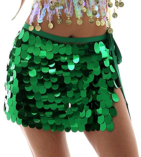 Sttiafay Bauchtanz Hüftrock über dem Knie Pailletten Meerjungfrau Hüftschal Wrap Rave Karneval Kostüm für Damen, grün, Einheitsgröße