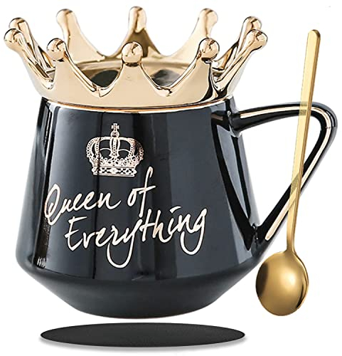 Arawat Lustige Tasse Groß Süße Kaffeetasse mit Krone Deckel Keramik Teetasse mit Löffel & Untersetzer 400 ml Kaffeebecher Espressotassen Kaffee Tasse Cappuccinotasse Cute Geschenk (Schwarz)