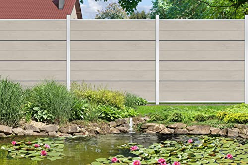 Gartenwelt Riegelsberger WPC Steckzaun Sichtschutz Zaun Gartenzaun Komplettset | 1 Zaunelemente 180x180 cm sand + 2 Pfosten silber | zum Einbetonieren