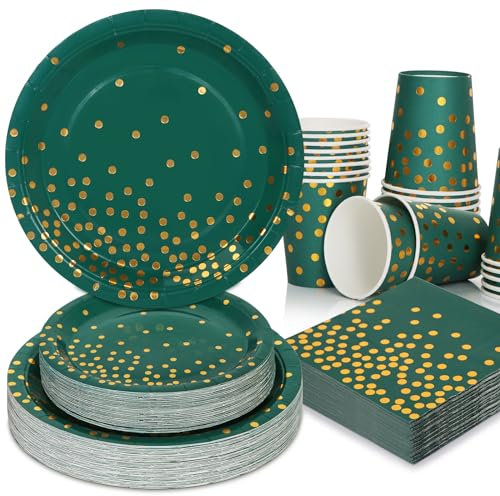Gudvilla Green and Gold Party Decorations, 200Pcs Emerald Green Plates and Napkins Party Supplies, Birthday Plates for Fathers Day Graduation Decorations