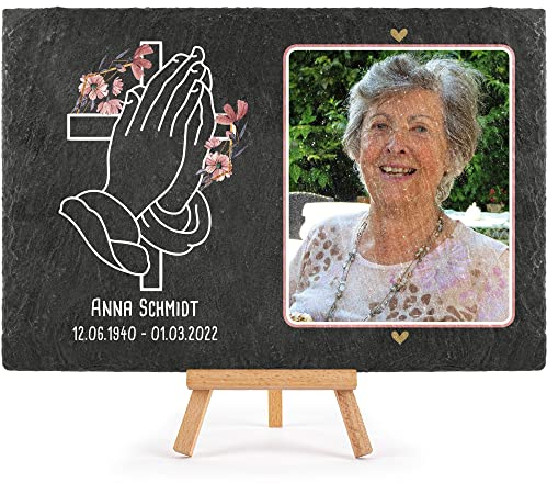 PR Print Royal Schieferplatte selbst gestalten - Gedenktafel mit Foto, Name & Datum bedrucken - betende Hände - Grabtafel, Grabschmuck | Schiefertafel 20x30 cm