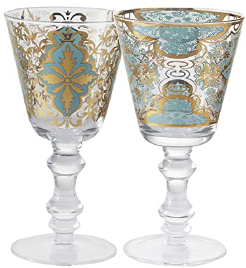 Livellara Milano Bicchiere da Vino 250 ml Vetro, Set da 2, Bicchieri Particolari per Vino Rosso o Bianco, Colore Acqua Mare, Collezione: Damasco