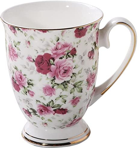 FülleMore Kaffeebecher Premium Porzellan Kaffeetasse Blumenmuster 300ml Trinkbecher mit Henkel Geschenk Keramiktasse für Tee Kaffee Milch Kakao Cappuccino Latte (Rosenblumen)