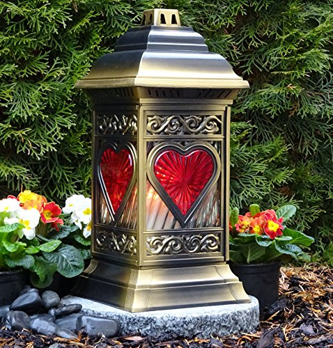 Grablampe mit Sockel Grabschmuck Grablicht Kerze Grablaterne Granitsockel Grableuchte Herz Bronze Lampe Laterne Licht Trauer Liebe Gedenken Garten