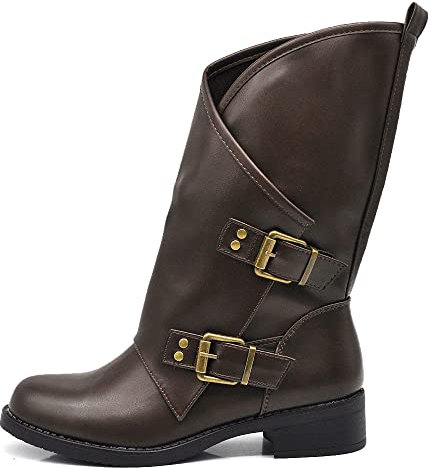 IF Fashion Scarpe da Donna Stivali Stivaletti Biker Fibbie Anfibi Polpaccio Largo YY-58 brown N.39
