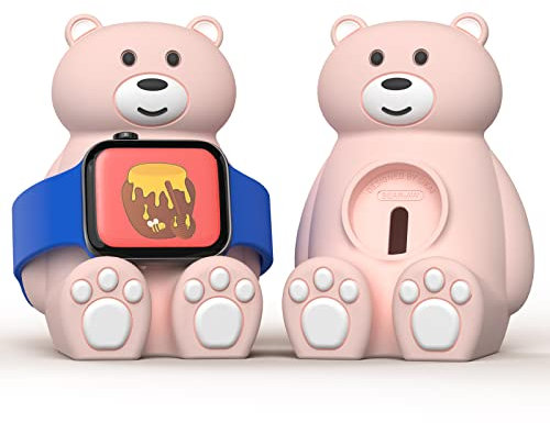 Smartwatch Charger Stand Compatible for Apple Watch 9/8/7/6/SE/5/4/3/2, Bear Silicone Charging Dock Holder for Samsung Galaxy Watch Ultra/7/6/5/5Pro, Support Nightstand Mode