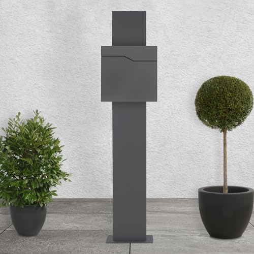 ECD Germany Standbriefkasten mit Zeitungsfach, Design Briefkasten mit Pfosten, Briefkastenanlage, Briefkastenständer Anthrazit 170cm Edelstahl, Postkasten Anthrazit 37x37cm Edelstahl pulverbechichtet