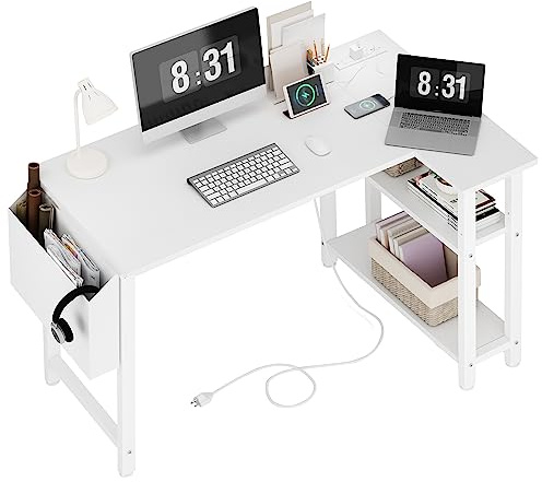 Lufeiya Weißer L-förmiger Computertisch mit Steckdosenablagen, 101,6 cm, kleiner, wendbarer Eckschreibtisch für kleine Räume, Heimbüro, L-förmiger Schreibtisch, PC-Schreibtische, 101,6 cm, Weiß