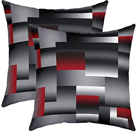 Loussiesd 2er Set Kissenbezüge Geometrische Kissenbezüge 45x45cm Geometrie Rot Grau Schwarz Dekokissen für Home Dekor Kissenhülle Kissenbezug Umkehrbar Stripe Line Plaid Moderne Kunst Wurf Dekokissen