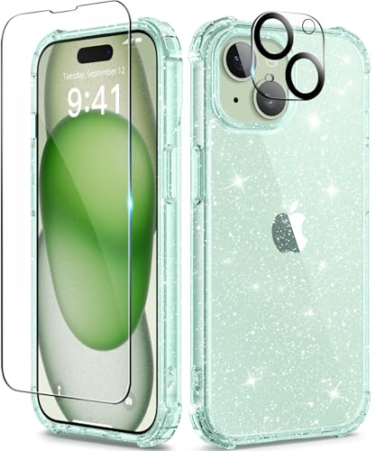 TIESZEN 5 in 1 Kompatibel mit iPhone 15 Hülle Glitzer, mit 2X Schutzfolie + 2X Kameraschutz, [Anti-Yellowing] iPhone 15 Transparent Weiche TPU Dünn Stoßfest Kratzfest Handyhülle für 6.1 Zoll, Mintgrün