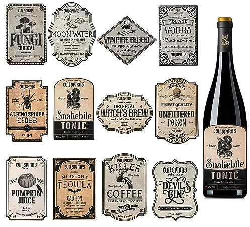 36pcs Halloween Wine Bottle Labels, Waterproof Wine Labels Potion Bottle Labels Stickers Apothecary Decals Wine Bottle Stickers for Halloween Party Decor