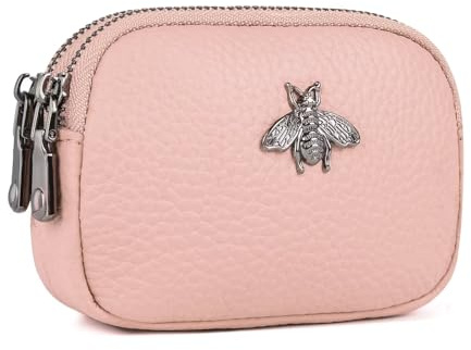 MAVHVAM Ladies Genuine Leather Small Purse for Women Mini Wallet Coin Pouch Soft Credit Card Holder with Double Zip (Pink)