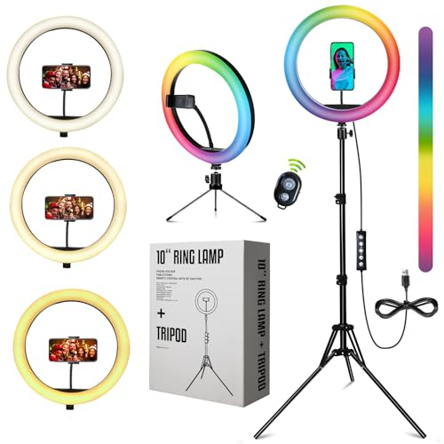 SWAVGO - LED 10 Zoll RGB Ring Lampe mit 160 cm Stativ, Studiolicht, verbreitetes Aluminiumstativ, für Video, Makeup, Fotografie, TikTok