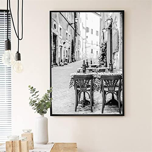 STUKE Wanddeko Wohnzimmer Leinwand Wandbild Schwarz Weiß Italien Café im Freien Vintage Fotografie LeinWandbild Gehweg Café Posterdruck für Küchendekoration 50x70cm Ohne Rahmen