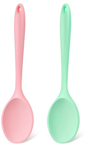 Armrouns Silicone Mixing Spoons 2-Pack, 10.8 Large High Heat Resistant Nonstick Cooking spoon for Stirring, Mixing and Serving, Green & Pink Rubber Spoon.