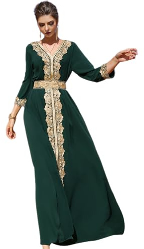 OBEEII Muslimisches Abendkleid für Damen, Dubai Stil Kaftan Robe in Voller Länge Stickerei Blumendruck Islamische Türkische Marokkanische Kleider für Ethnische, Hochzeit, Abend, Party Dunkelgrün M