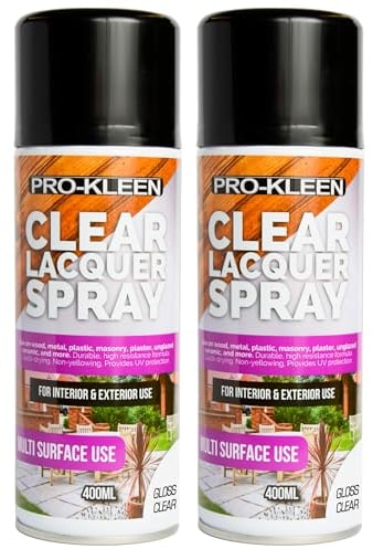 Pro-Kleen Clear Lacquer Spray - Protects and Seals - for Metal, Wood, Plastics & Ceramics - Fast Drying Formula for Interior and Exterior Surfaces - Clear, Durable & Flexible - (Gloss, 2 x 400ml)