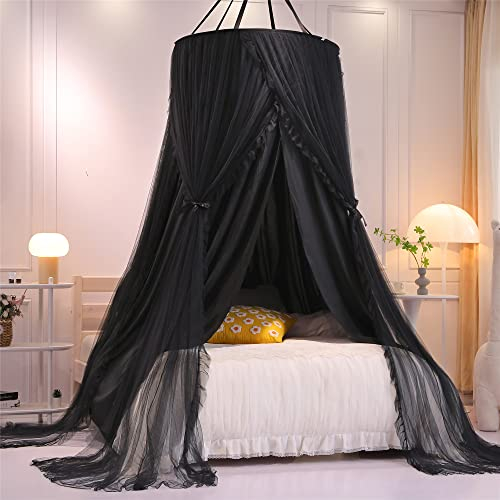 HUOQOU Doppelschicht Prinzessin Runde Kuppel Baldachin Bett Vorhang für Mädchen Erwachsene Kinder verträumte Moskitonetz Nette Schlafzimmer Dekoration Schloss Spielen Zelt Leseecke (Schwarz/Schwarz)