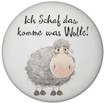 speecheese Magnet Schaf rund rund mit Spruch Ich Schaf das komme was Wolle | Flauschiges Bauerntier-Cartoon Ideal für Farm-Party Witzig
