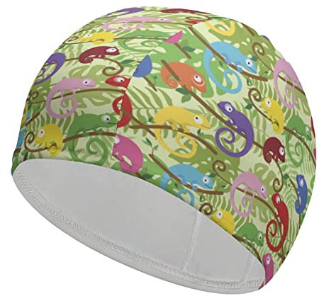 Gorro de natación unisex con estampado de camaleón de lagarto verde, gorro de natación para hombres y mujeres adultos