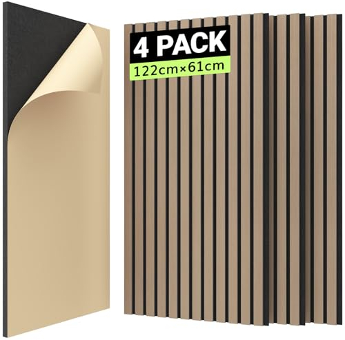 TONOR Akustikpaneele HOLZ Selbstklebend 2,976m²- 4 Stück je 122 x 61 x 2,1 cm, 3D Holzpaneele Wand Lamellenwand, Lärmschutz Interior Wall Decoration in Wood Look für Studio Büro, Braun